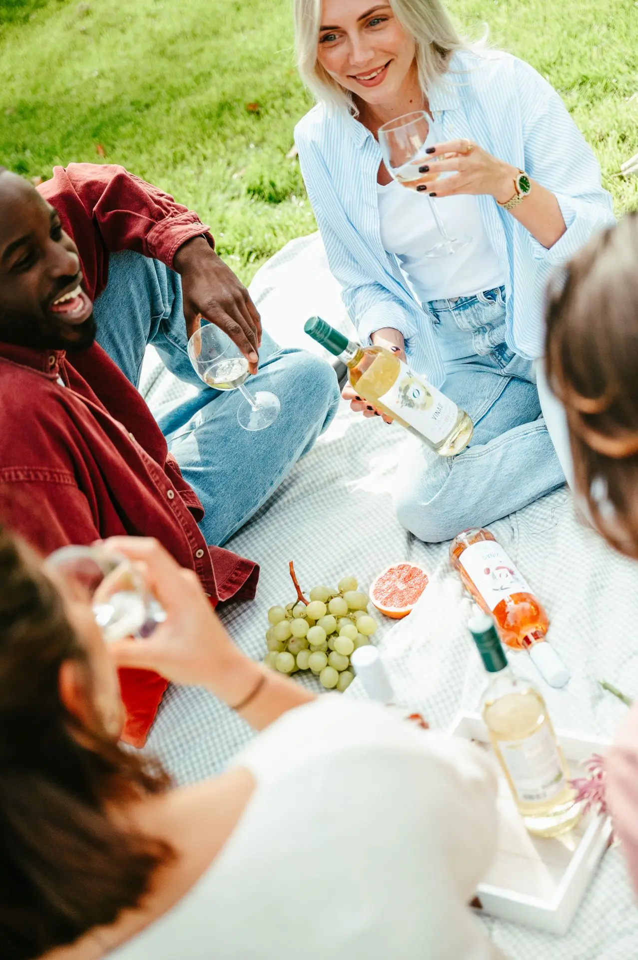 amis faisant un picnic avec du vins plats désalcoolisés